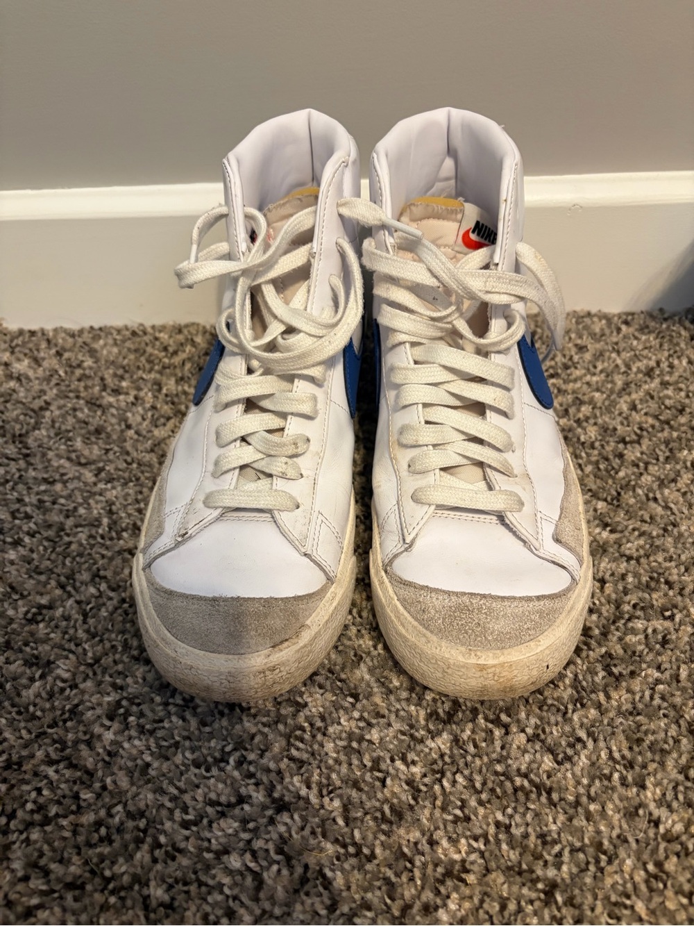 Nike Men’s White High-Top Sneakers with Blue Swoosh and Tan Suede